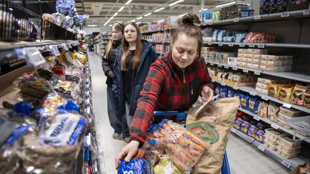 Mirja Korkiakoski on jakanut kauppalistansa ainekset kolmeen kategoriaan. Hän työntää ostoskärryjä kaupassa, taustalla hänen kaksi lastaan.