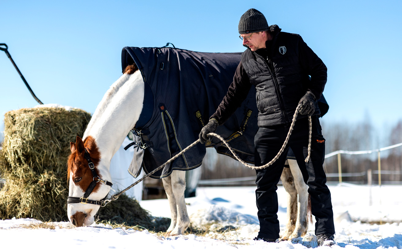 Anssi Valkonen taluttaa hevosta.