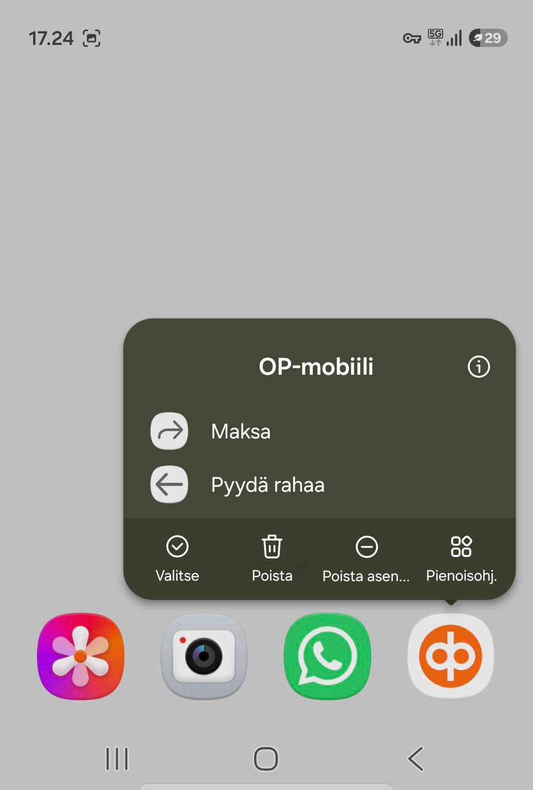 Esimerkki aloitusnäytöllä, Siirto OP-mobiilin pikavalikossa