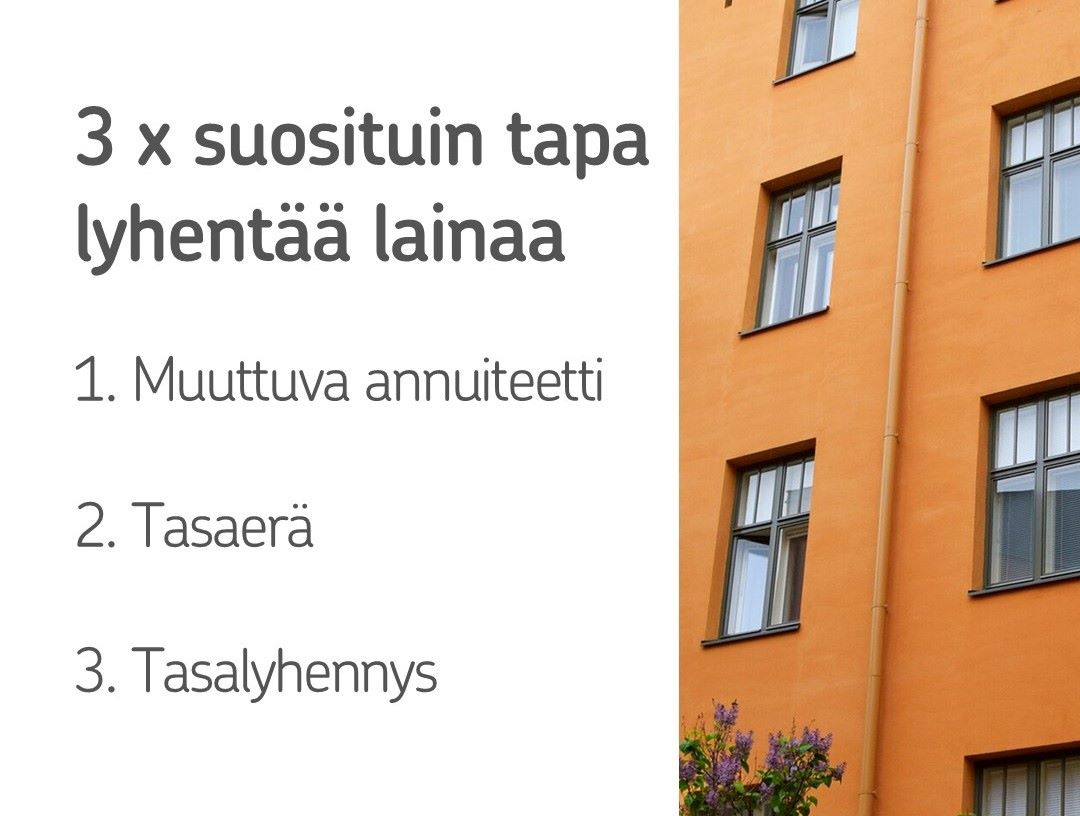 3 suosituinta tapaa lyhentää lainaa: 1. Muuttuva annuiteetti, 2. Tasaerä, 3. Tasalyhennys